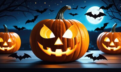 Glowing jack o lantern with bats in full moonlit night for spooky halloween