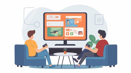 Two Men Using Smart Television Together in Modern Living Room Setting