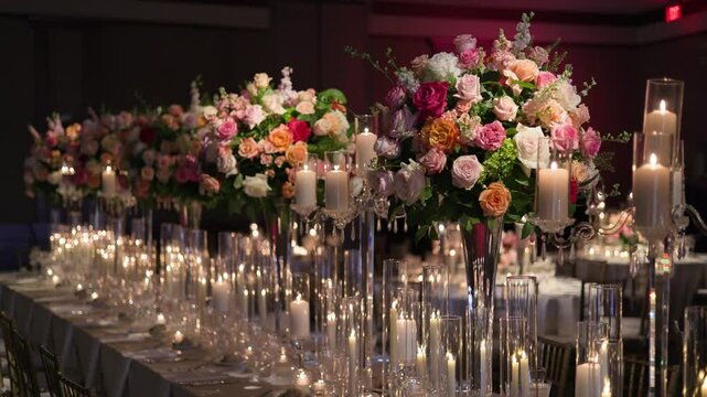 Luxurious wedding table arrangement with tall glass candle holders and vibrant flower bouquets. Warm lighting creates a romantic atmosphere for an elegant reception