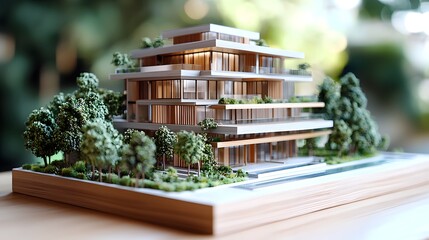 Detailed architectural model displaying the innovative design and planning for a new sustainable residential or commercial development project  The model features a modern