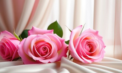 Elegant pink roses on luxurious silk background with soft lighting