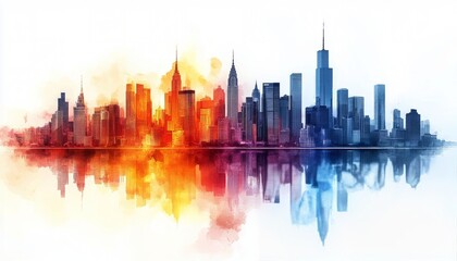 Fototapeta premium Stunning skyline reflection at sunset over a vibrant cityscape with colorful clouds