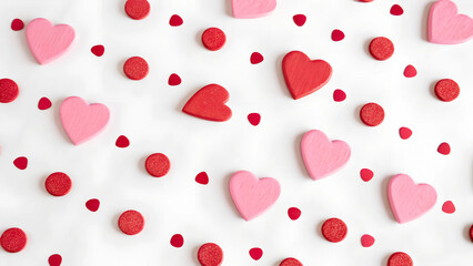 White background with scattered pink and red hearts and dots.