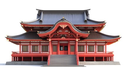 Fototapeta premium Traditional Japanese temple, ornate red architecture, pagoda-style roof, symmetrical design, white background, detailed woodwork, grand entrance, historical building, cultural landmark, East Asian 