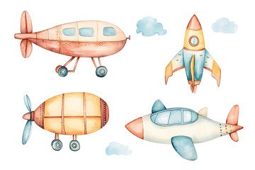 A whimsical illustration of various aircraft including a plane, rocket, and airship.