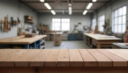 An empty wooden tabletop with a blurred background of tool rooms, An empty wooden tabletop with a blurred background of tool rooms