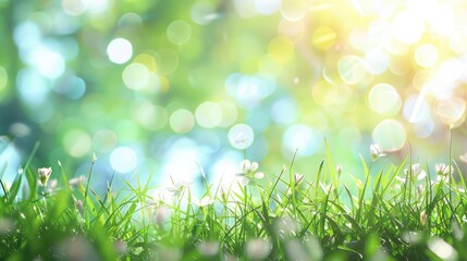 Obraz premium Beautiful sunny spring meadow with green grass and blue sky. Abstract background with light bokeh and space for text.