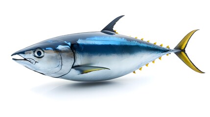 Fototapeta premium Photorealistic tuna fish, metallic blue scales, yellow tail fin, sharp dorsal fin, sleek streamlined body, large eye, white belly, isolated on white background, high detail, studio lighting, 3D render