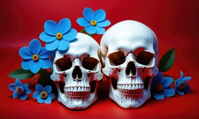Skulls with blue flowers on vibrant red background: a bold contrast