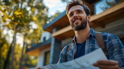 Architect discussing the significance and innovative design features of a new state of the art residential development with an attentive audience outdoors in a natural setting