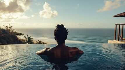 Fototapeta premium A serene figure relaxes in an infinity pool overlooking a tranquil ocean, with clouds and a distant horizon enhancing the peaceful ambiance.