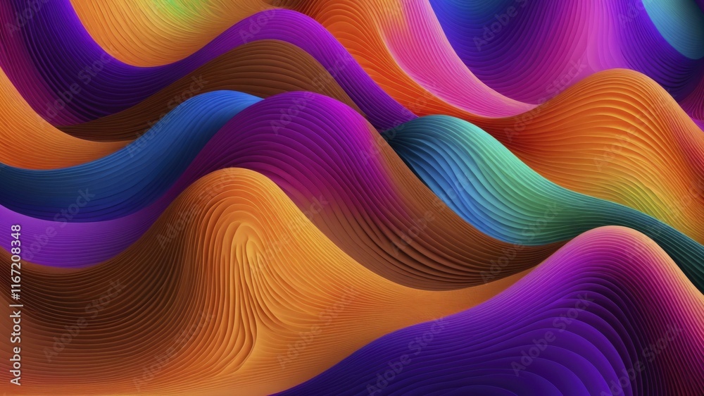 Wall mural Digital abstract artwork featuring swirling, vibrant wavy lines in orange, purple, blue, and green