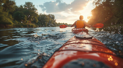 A close-up rearview photograph of a couple holding paddles, with a man and woman sitting in a red kayak boat as they canoe on a river during a sunny summer day.