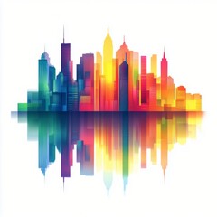 Obraz premium Colorful skyline reflecting in water during a bright day in a modern city
