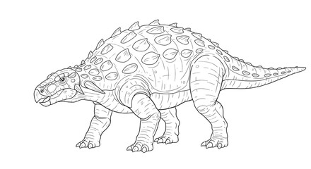 Detailed black and white illustration of an armored prehistoric dinosaur, an Ankylosaurus.  Extinct reptile coloring page.