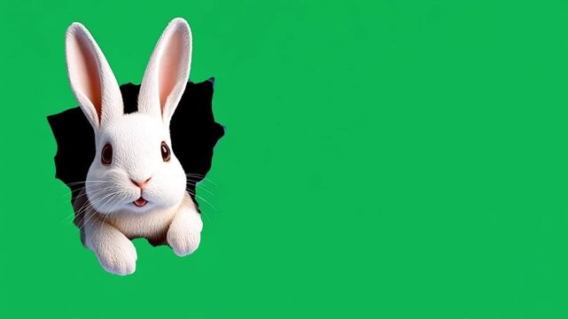 Happy Rabbit animation peeking out hole. Easter bunny on green screen background animation. Seamless loop 4k video, 3D Animation, Ultra High Definition,4k chroma key Funny cute Happy Easter design