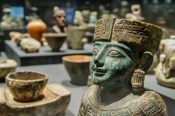 Ancient statue, weathered stone, hieroglyphs, artifacts, display.