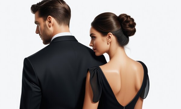 Elegant evening attire featuring a stylish couple in a black tie event