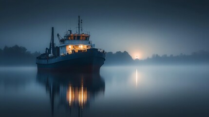 Fototapeta premium Tranquil Misty Morning with a Ship Reflected on Calm Water Surrounded by Fog and Soft Light of Sunrise in a Serene Landscape