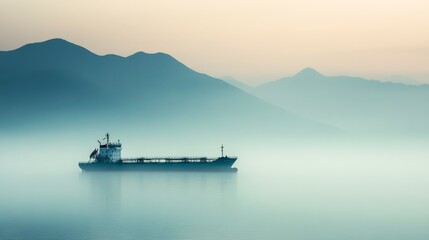 Obraz premium Tranquil Dawn Scene with Cargo Ship Silhouetted Against Misty Mountains Reflecting in Calm Waters of Serene Harbor During Early Morning Light