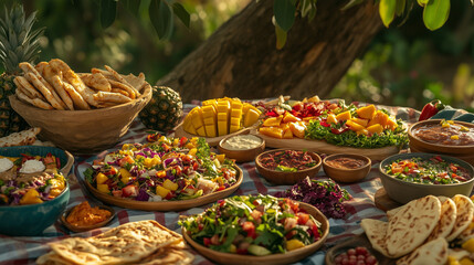 Summer Picnic Spread with Fresh Rotis Under Eucalyptus Tree