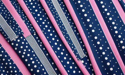 Obraz premium Colorful patterned fabrics with blue polka dots and pink stripes