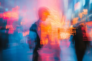 Urban nightlife captured with vibrant colors and motion blur in a bustling city environment at night