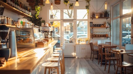 beautifully designed bistro cafe with a clean white counter, a tempting bakery display, and a long wooden counter adorned with high chairs by the window, bathed in the warm, golden morning sunlight