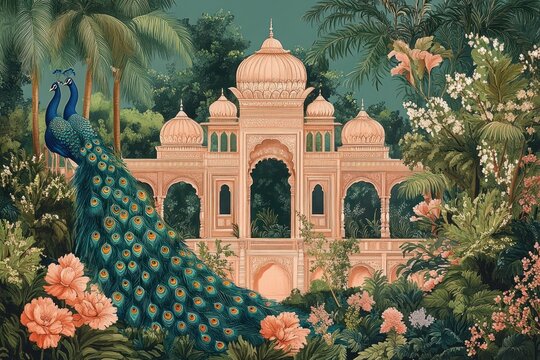 Peacock and Parrot in Lush Mughal Garden with Intricate Architecture and Vibrant Foliage Illustration