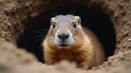 A close-up portrait of a groundhog peeking out from its burrow, with its whiskers and fur clearly visible. The background features soft earth tones, emphasizing the groundhog's connection to its envir