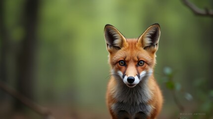 Fototapeta premium A curious fox peeks through the underbrush of a lush forest, its vibrant orange fur contrasting beautifully with the green foliage. The sunlight filters through the trees, casting dappled shadows 