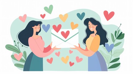 Romantic Love Message Concept: Women with Hearts near Envelope