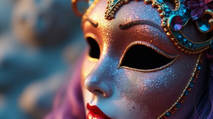 A close-up view of a glitter mask, highlighting the intricate details of the glitter and the design. The mask features a blend of colors, with sparkling elements that catch the light. 
