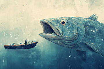 Fototapeta premium A giant fish approaches a small boat with a fisherman, creating a whimsical underwater scene.