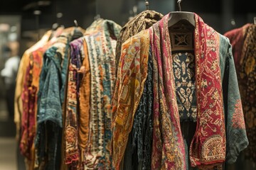 Fototapeta premium Ornate patterned textiles hang on racks.