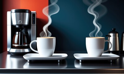 Steaming hot coffee cups next to espresso machine in modern kitchen setting