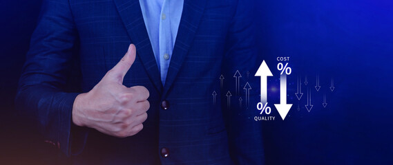 Cost and quality control concept. Quality increase and cost optimization for products or services...