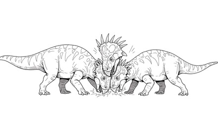Detailed illustration of prehistoric horned dinosaurs.  Extinct animals. Coloring drawing.
