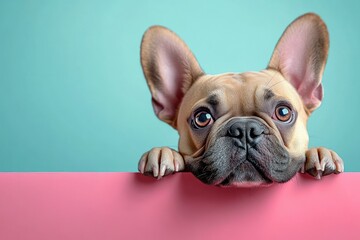 French Bulldog Peeking Over Pink Background Creative Animal Art Colorful Pop Art Style