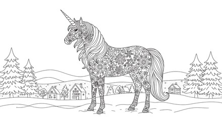 Detailed black and white winter coloring page with a unicorn, snow, trees, and houses.