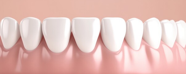 Close-up of perfectly aligned white teeth and healthy gums on a soft peach background symbolizing dental health and hygiene