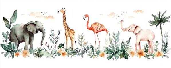 Watercolor Illustration of Flamingo Elephant Giraffe Tropical Wildlife Lush Nature Safari Animals