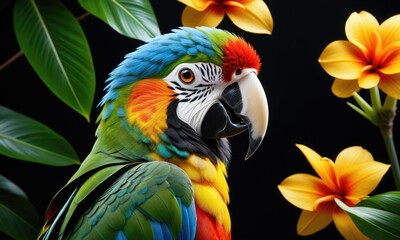 Fototapeta premium Vibrant macaw portrait with colorful plumage and exotic flowers