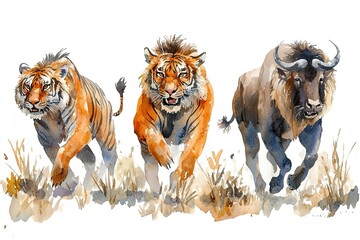 Three tigers and a buffalo running in a dynamic watercolor style.