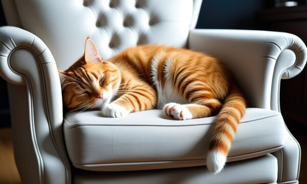 Cozy ginger cat sleeping on elegant armchair in sunlit room