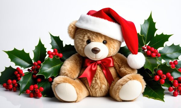 Festive teddy bear with santa hat and holly berries for christmas decor