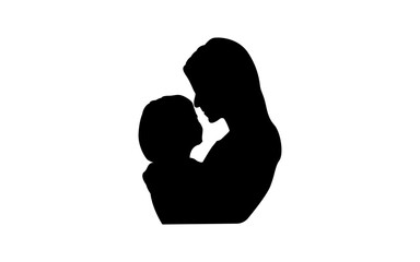 Mother and Infant Silhouette A Newborn's Comforting Black Embrace.Pregnant woman and child in silhouette against white background
