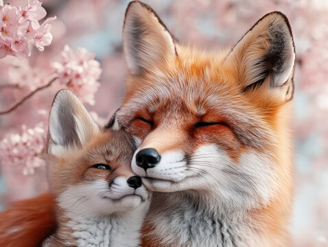 A loving depiction of Mothers Day moments, blending handcrafted art with meaningful designs showcasing a fox mother and her cub cuddling sweetly under cherry blossoms Celebrate maternal bonds with - Powered by Adobe