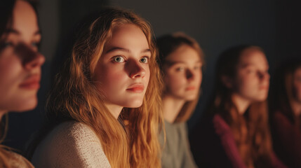 Obraz premium Young Caucasian Women in Soft Lighting with Focus on Thoughtful Expression