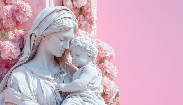 A tender mother cradling her child, symbolizing protection and the deep connection between them, set against a serene background, showcases maternal love depicted in a timeless sculpture This artwork